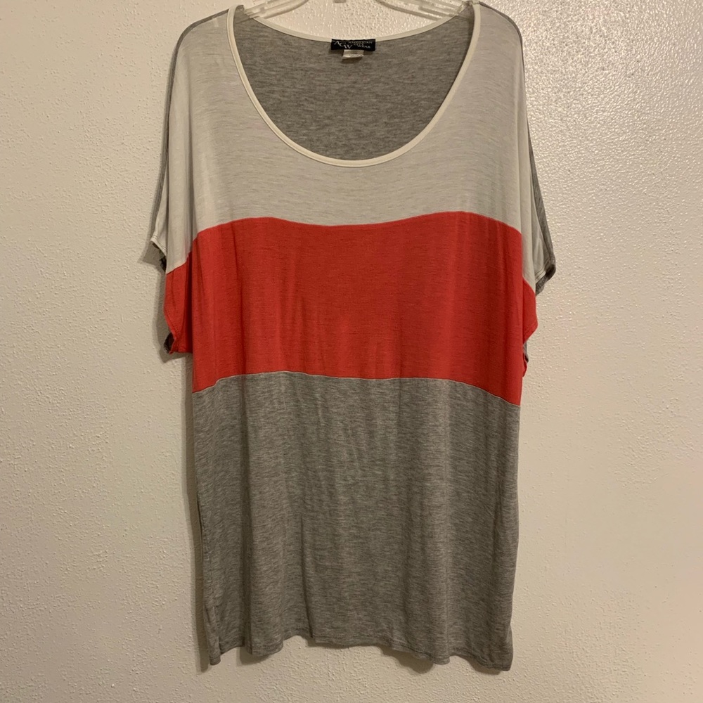 White, Coral & Grey colorblock t-shirt.